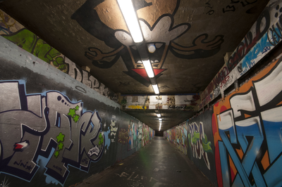 825739 Gezicht in de fietstunnel onder het Westplein te Utrecht, uit het zuiden, met op de tunnelwanden graffiti (en op ...